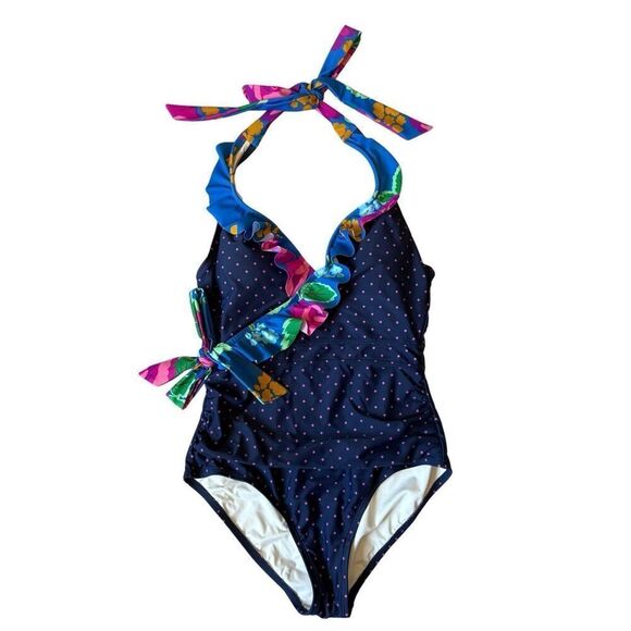 Matilda Jane Navy Sandcastle Queen Halter One-Piece Size M Polka Dot Floral Ruch - Picture 3 of 7